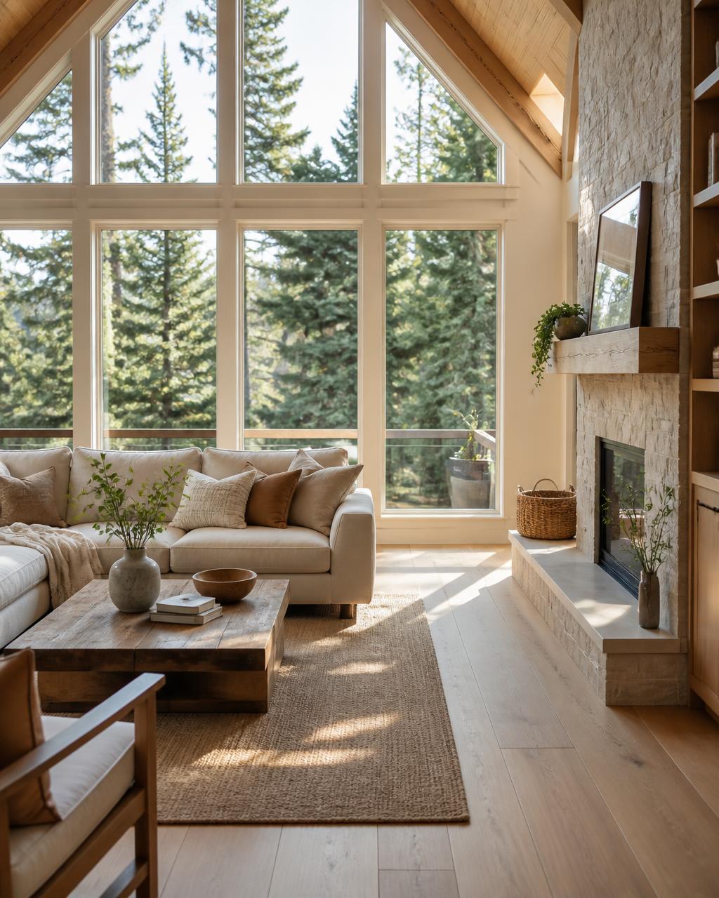 Sunlit Pacific Northwest living room with tall windows framing evergreen trees