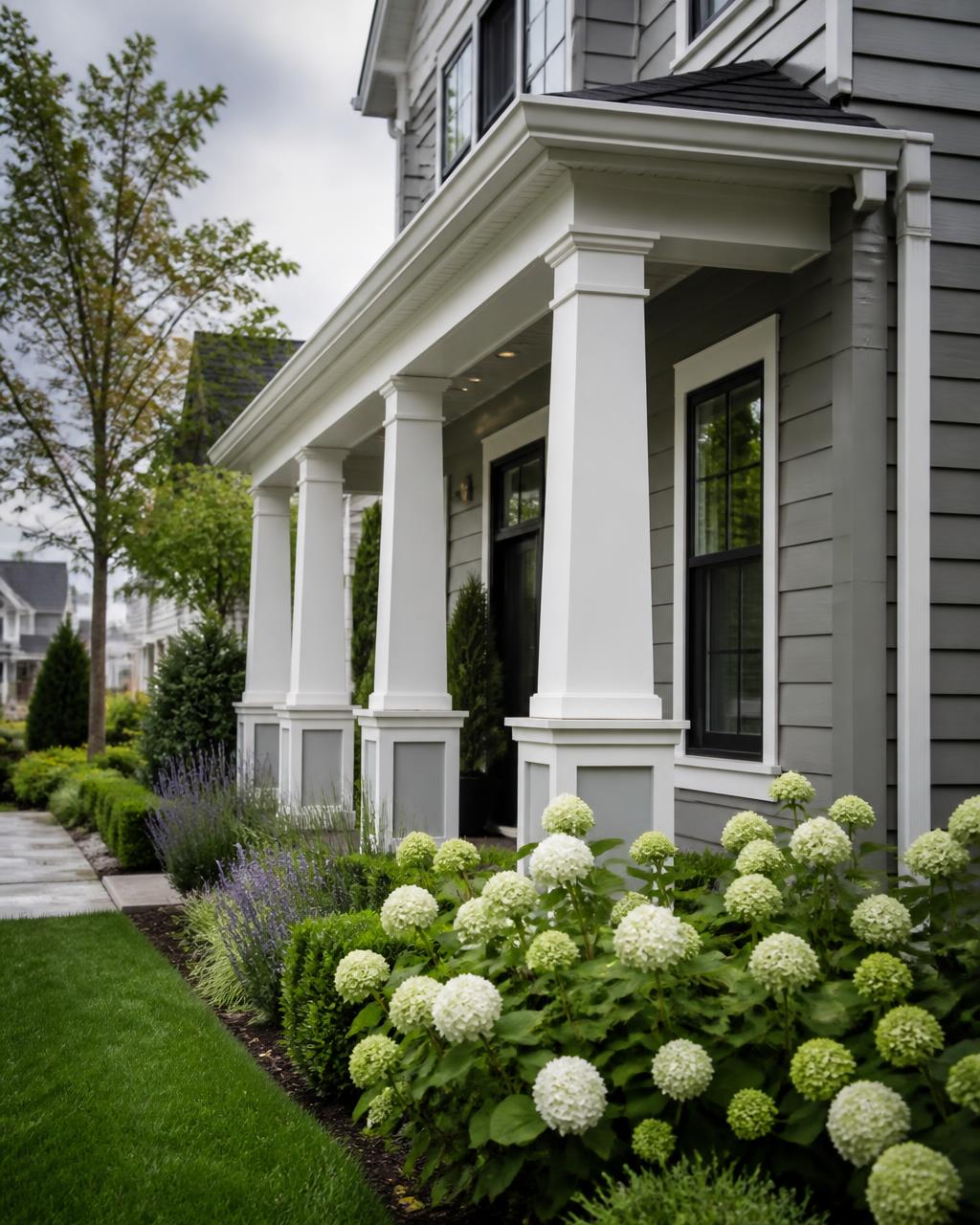 Front porch of a well-kept Washington home with white columns and hydrangeas