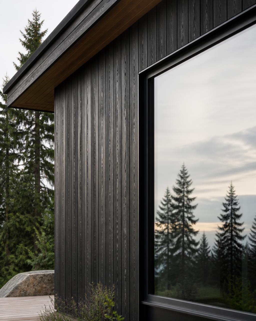 Architectural detail of a modern Pacific Northwest home, dark cedar cladding beside a large window reflecting fir trees