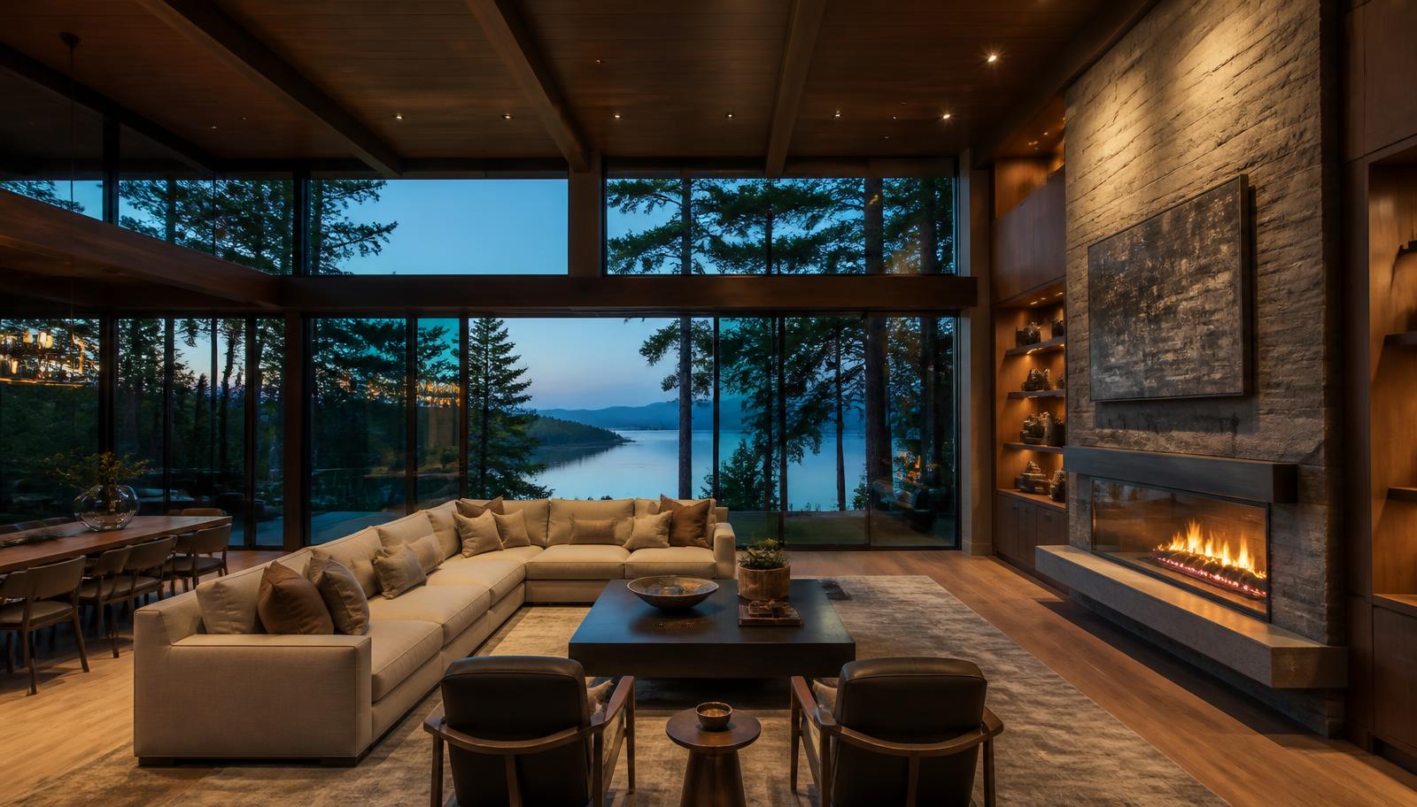Refined Pacific Northwest living room with floor-to-ceiling windows overlooking water and forest